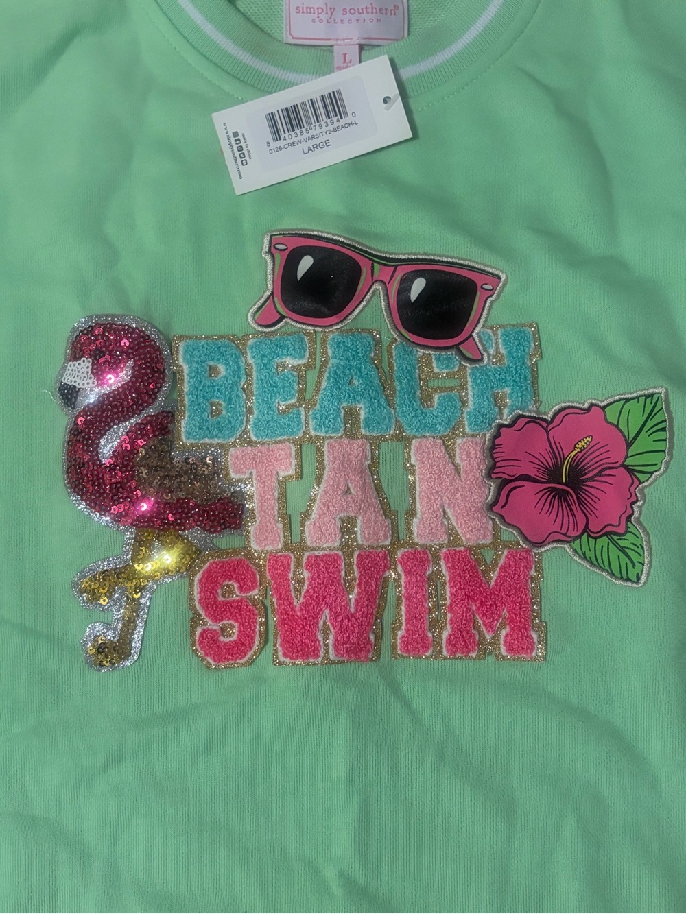 Simply Southern Mint Sweat shirt with Sequin Flamingo